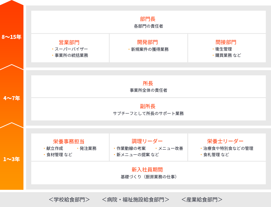キャリアモデル 8~15年 部門長(各部門の責任者) 営業部門 スーパーバイザー・事業所の統括業務 開発部門 新規案件の獲得業務 間接部門 衛生管理・購買業務など 4~7年 所長(事業所全体の責任者) 副所長(サブチーフとして所長をサポート) 1~3年 栄養事務担当・献立作成・発注業務・食材管理など 調理リーダー 作業動線の考案・メニュー改善・新メニューの提案など 栄養士リーダー 治療食や特別職などの管理・食礼管理など 【新入社員期間】 基礎づくり(厨房での仕事中心) 病院給食専門 学校給食専門 産業給食専門